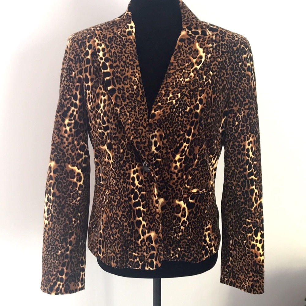 Leopard print blazer. Has a velvet soft type feel to it.